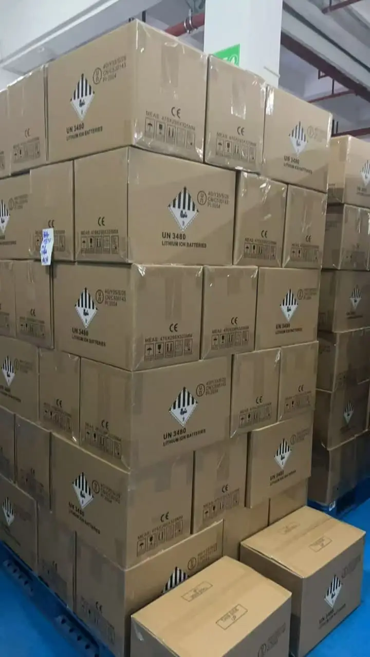 Stack of cartons with dangerous-goods marking in a lithium battery warehouse in China